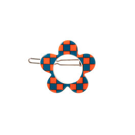 Blue and orange checkered flower hair clip